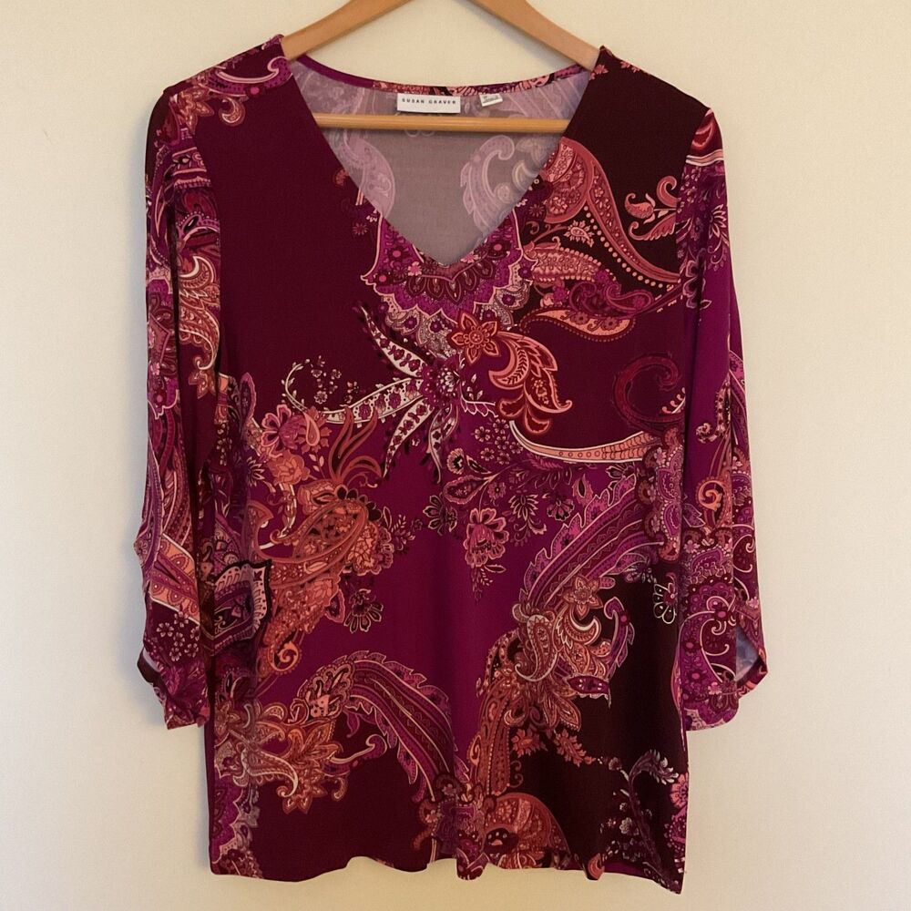 Susan Graver Liquid Knit  Paisley Tunic Top M V-Neck Wine/Berry Flared sleeve